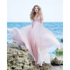 Rochie de mireasa din matase naturala roz pudra cu bust drapat si talie inalta