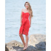 Rochie rosie de matase midi bodycon drapata cu volane