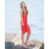 Rochie rosie de matase midi bodycon drapata cu volane