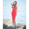 Rochie rosie de matase midi bodycon drapata cu volane