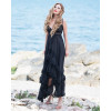 Rochie de seara de matase naturala neagră asimetrica cu dantela si volane