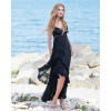 Rochie de seara de matase naturala neagră asimetrica cu dantela si volane