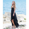 Rochie de seara de matase naturala neagră asimetrica cu dantela si volane