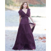 Rochie de ocazie lunga grena din matase cu bust cu volane