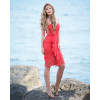 Coral Red Natural Silk Draped Evening Dress
