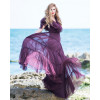 Burgundy silk evening tiered maxi dress with ruffles
