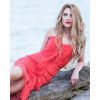Robe de soirée drapée en soie naturelle rouge corail