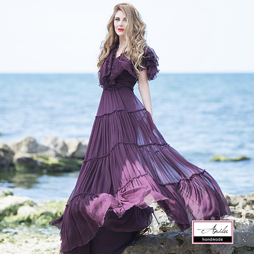 Rochie de matase natrurala grena cu volane ANILU