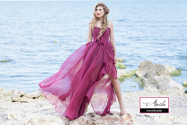 Rochie lunga de matase natrurala violet cu corset drapat ANILU